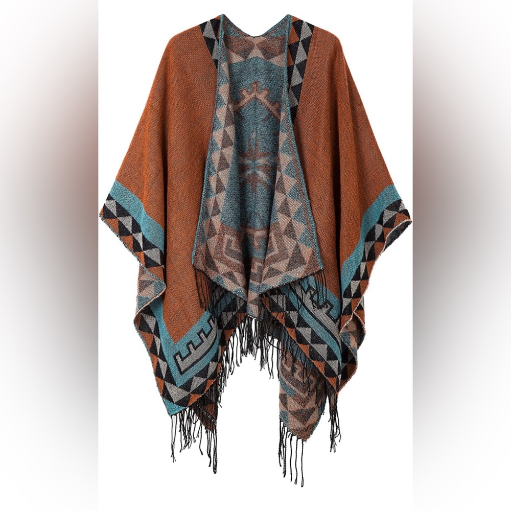 Women’s Aztec Print Fringe Ponchó Sarape Cape Wrap Shawl